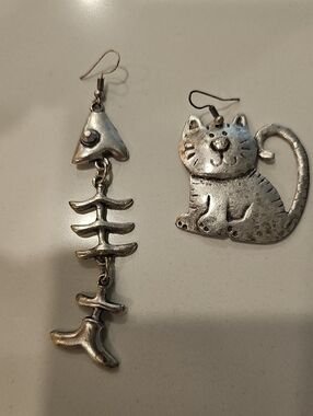 Silver Cat & Fishbone Dangle Earrings - Silver Cat Jewelry